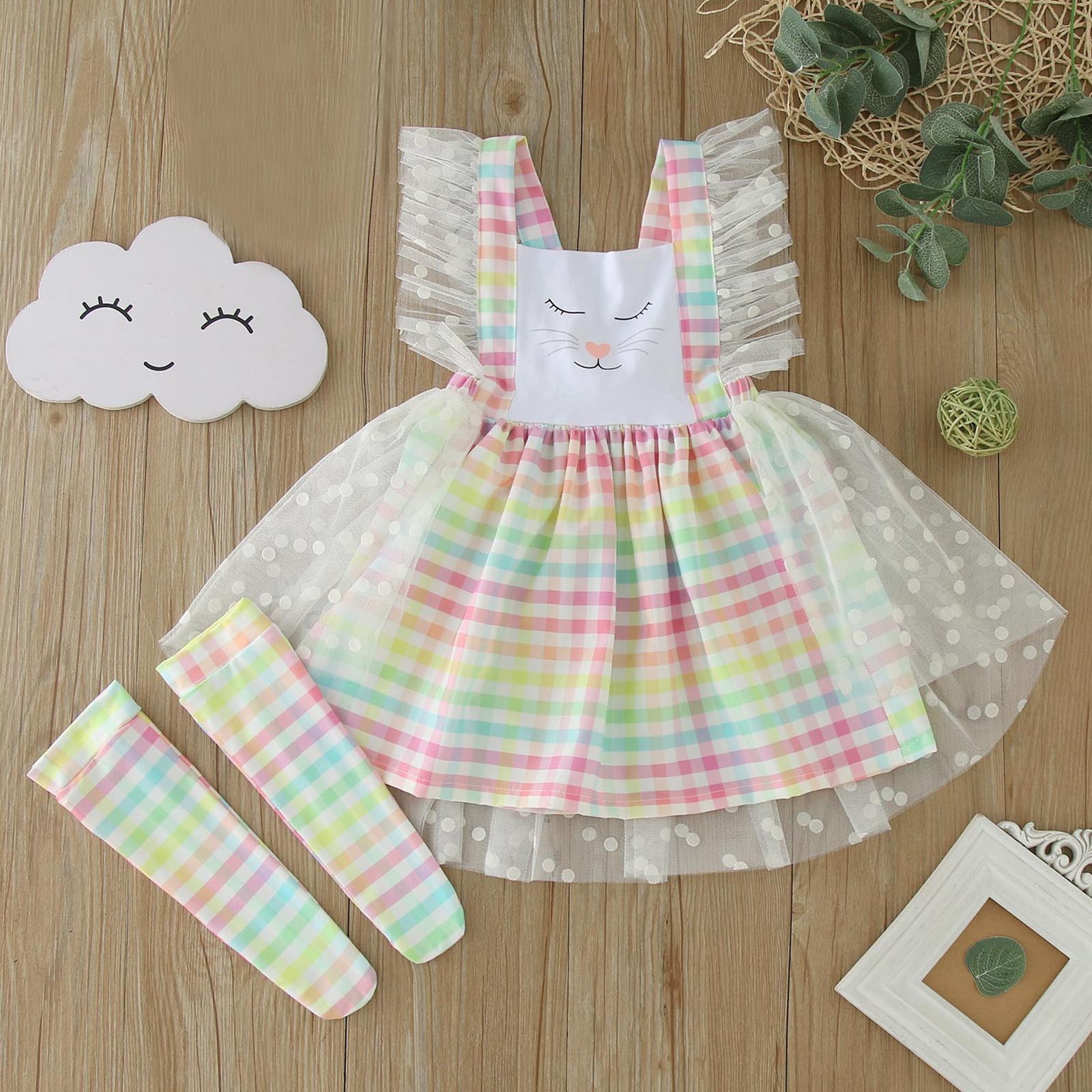 Toddlers Easter Dresses Toddler Girls Sleeveless Easter Plaid Prints Tulle Backless Dress Clothes Holiday Dress Size 4-5 Years